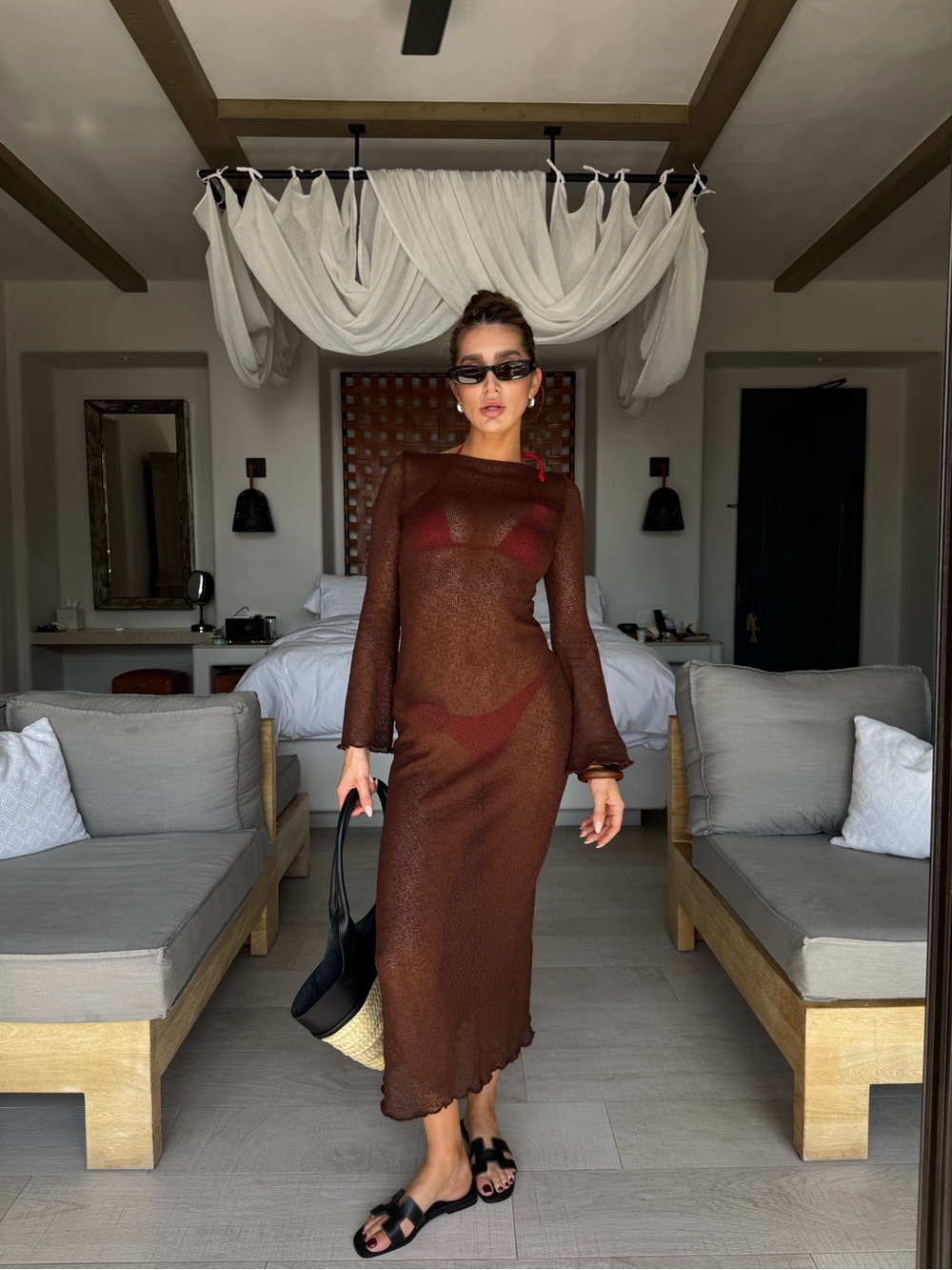 H&M Brown Long-Sleeve Scoop-Back Maxi Dress